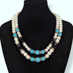 V. 2-Strand Faux Pearl & Turquoise Beaded Necklace